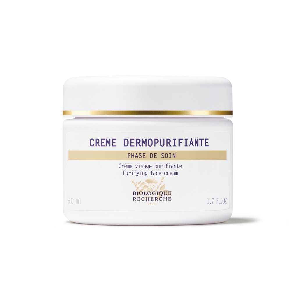 White jar of Biologique Recherche crème dermopurifiante on a white background