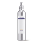 Silver bottle with a white label on a white background