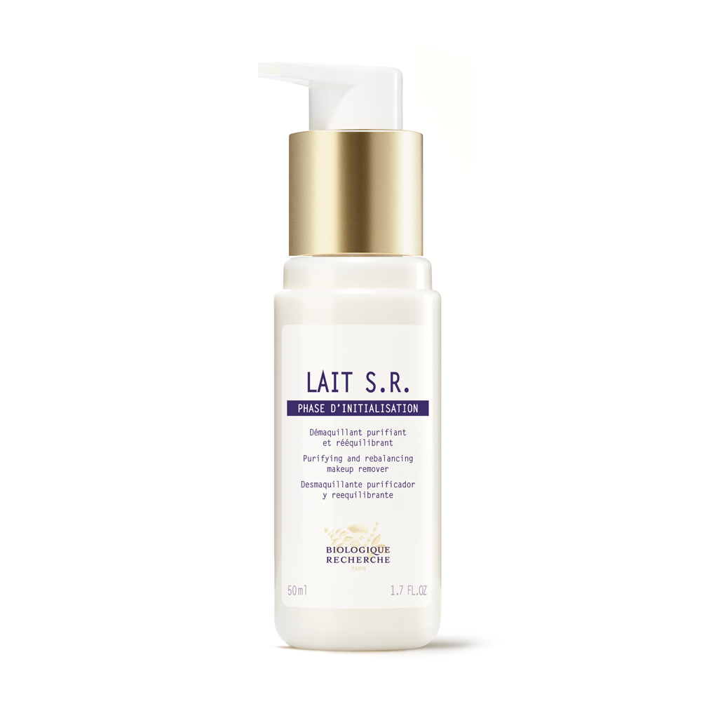 Skincare bottle labeled 'Lait S.R.' on a white background
