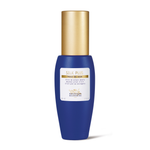 Blue skincare bottle with gold cap on a white background